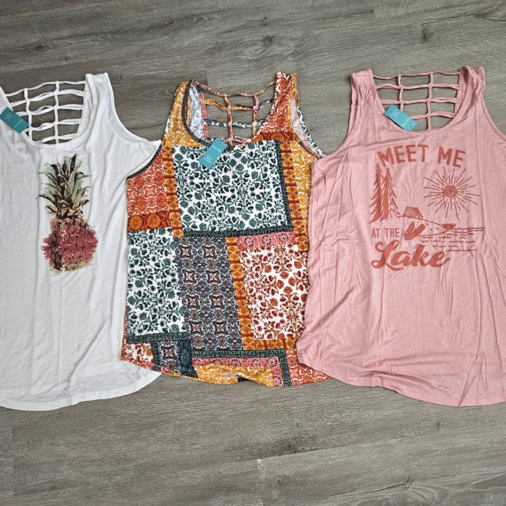 3 NWT women's Maurice's Tank Tops Summer shirts Large L pineapple pink patchwork